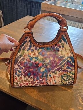 Cato Multicolor Patterned Satchel with Tan Trim